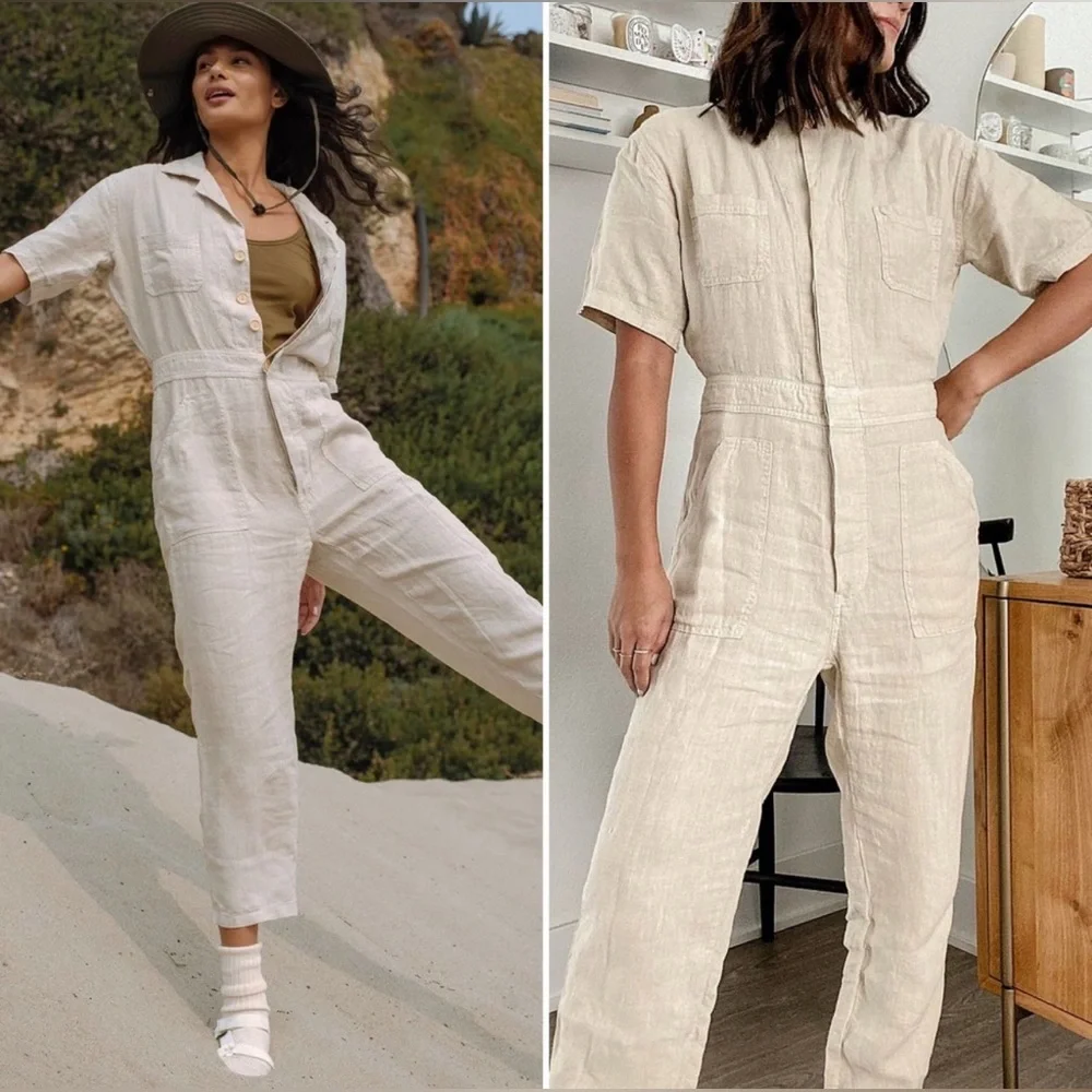 NWT Mate The Label 100% Organic Linen Natural Short Sleeve Button Up Jumpsuit - Picture 3 of 10